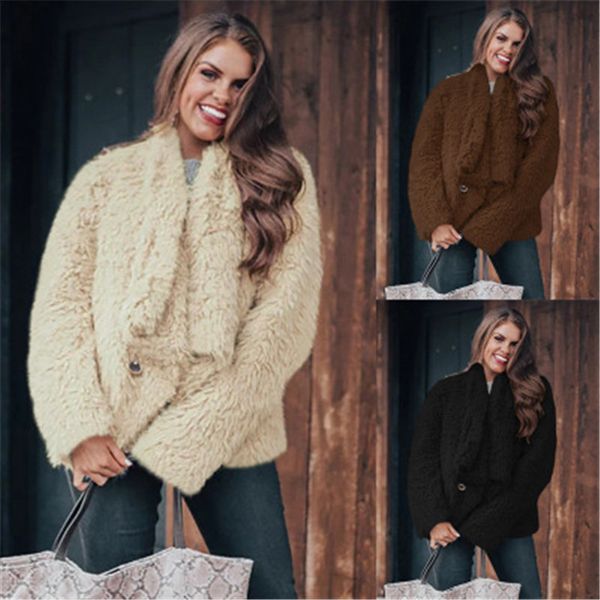 

ladies lapel woolen blends outerwear fashion trend long sleeve cardigan solid color coats designer female winter button casual loose coat, Black