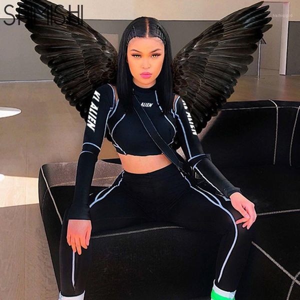 

saimishi stitching detail mesh patchwork women fitness two piece outfits 2019 long sleeve letter print short and pants sets1, White