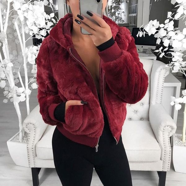 

winter faux fur short coat for women zipper jacket thicken plush faux fur hooded pocket coat turn down collar soft fleece1, Black