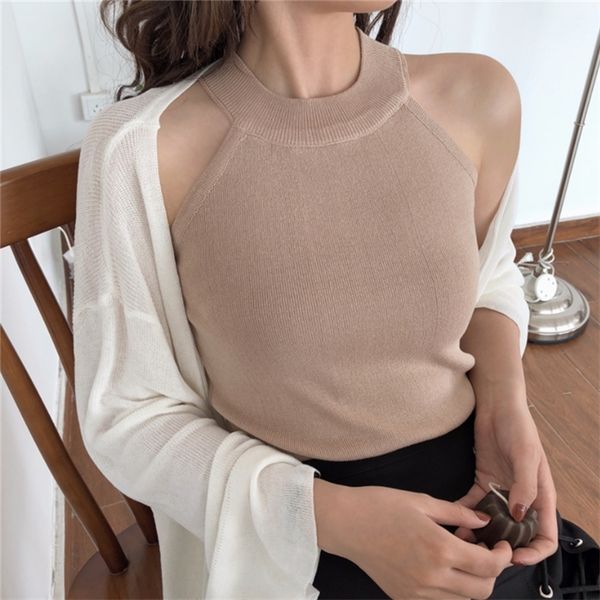 

summer women slim knitting halter camisole female knitted tanks sleeveless basic solid t shirts streetwear y200422, White