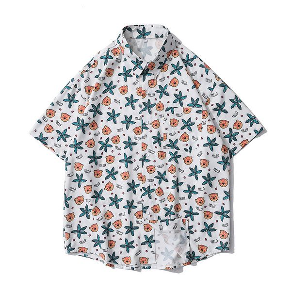 

2021 new summer lapel short sleeve men's beach shirt bear printing casual hawaii holiday mens shirts loose vacation 2021 new fa, White;black