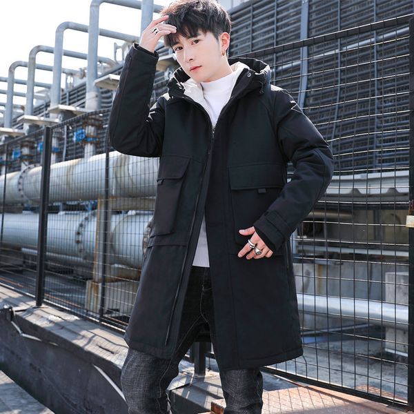 

2020 new winter down jacket medium length thickened trend handsome hooded fashion brand knee coat men's, Black