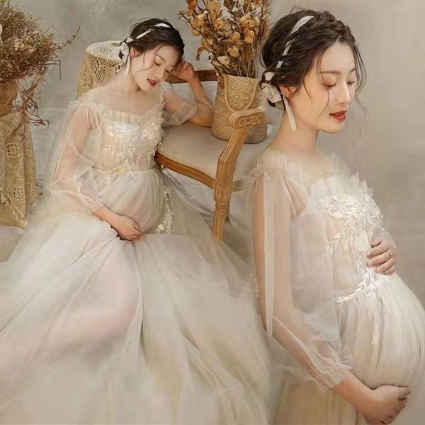 Rendas malha maternidade vestido foto fada fada branco bordado flor boho longo vestido grávido mulher traje 281 h1