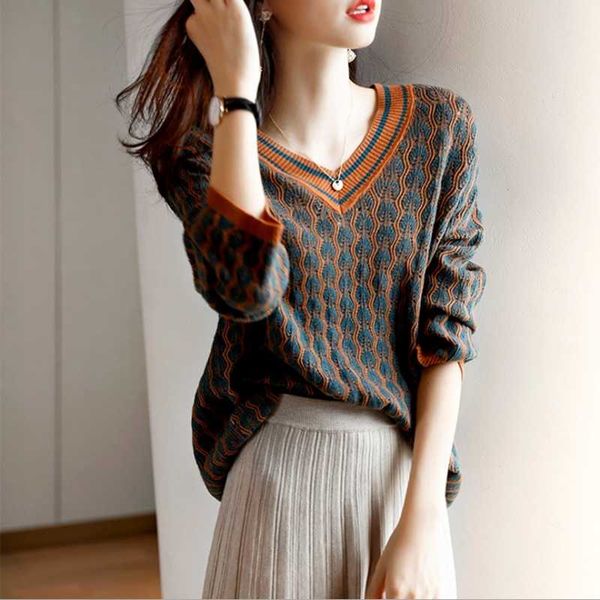 

women's sweaters autumn winter women korean version lazy style color matching v-neck pullover sweater temperament wild wave pattern top, White;black