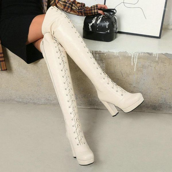 

boots pu leather women over the knee platform square high heel ladies long fashion cross tied winter shoes beige1, Black