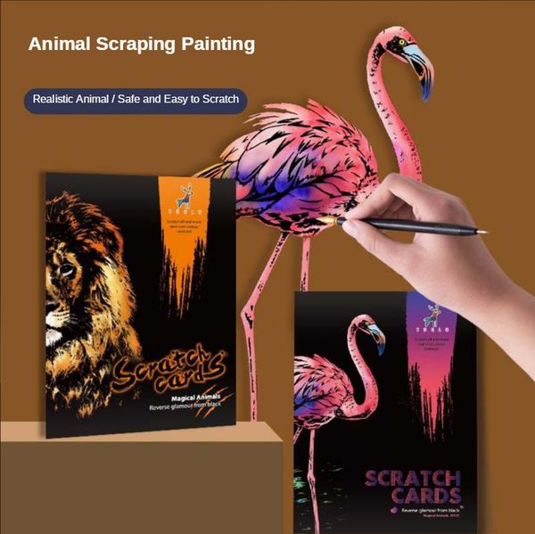 

21x29cm 4шт night animal посмотреть царапины картины card lion wolf cat flamingo выскабливание art картины бумаги ручного рисование подарки