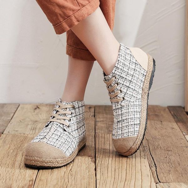 

yourseasonnew 2021 ladies lace up shoes round toe flat with plaid sewing concise handmade women ankle platform boots, Black