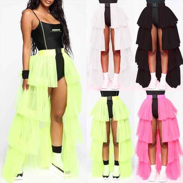 

fashion womens buckle belt skirt high wiast pleated long skirts neon green pink sheer mesh ladies cascading skirts, Black