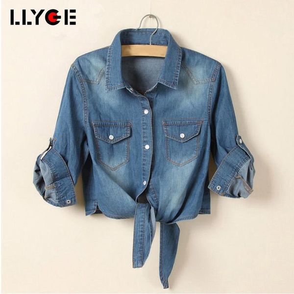 

llyge women short sleeve denim bow tie blouse summer crop casual turn down collar short cool woman bandage shirt1, White