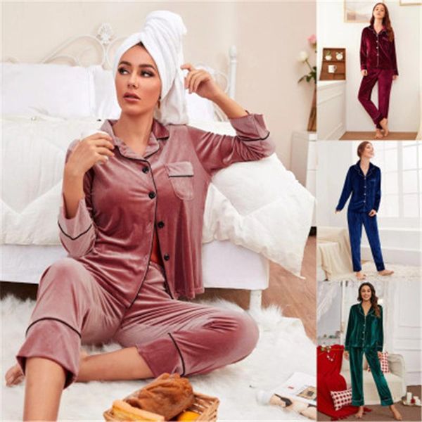 

female spring new casual loose sleepwear womens solid color pajamas sets fashion trend golden velvet long sleeve trousers 2pcs suits, Black;red