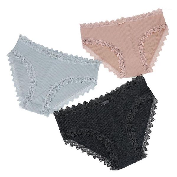 

girl cotton knitted panty everyday briefs women lace solid color low rise seamless bow decoration underwear winter, Black;pink