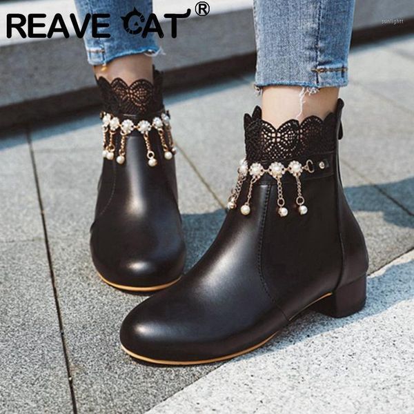 

boots reave cat ladies ankle round toe 2.5cm square heels zip lace pearl sweet cute luxury big size 30-43 winter autumn a33241, Black
