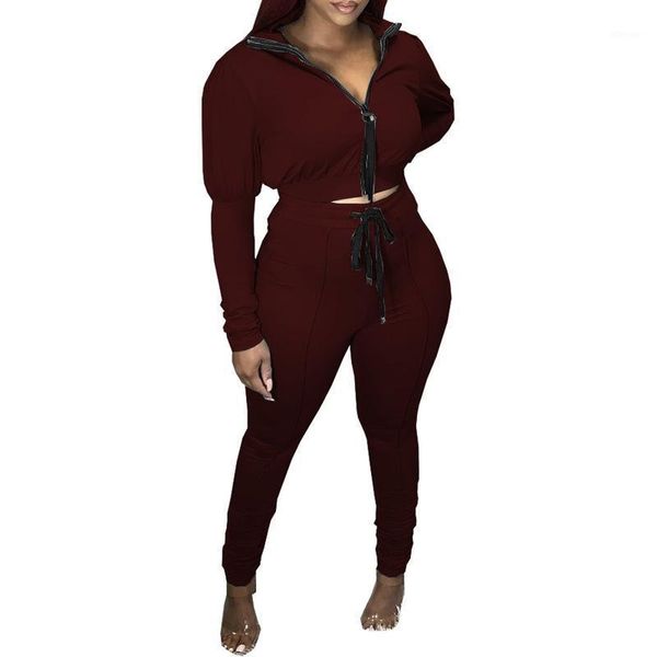 

ladies pants set suits 2020 pants sets lantern sleeve zipper v collar long sleeve crop tracksuit women two piece outfits1, Gray