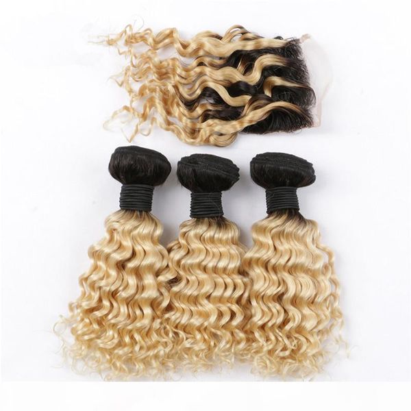 

black to blonde ombre 2tone deep wave human hair 3bundles with 4x4 lace closure brazilian 1b 613 ombre lace closure and hair bundles