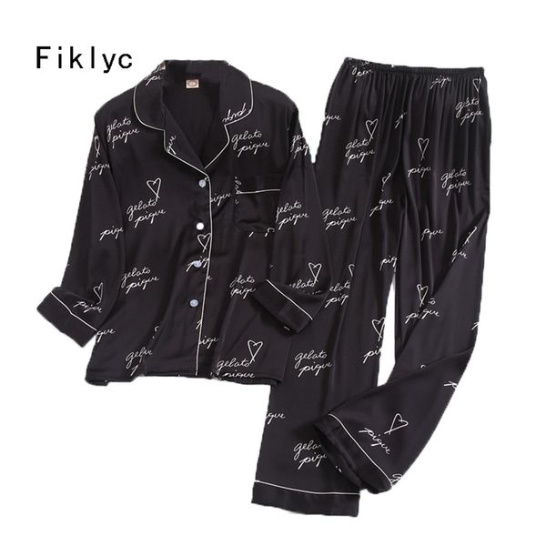 

fiklyc underwear faux silk letter print women's spring long sleeve & pants pajamas sets cute & lovely nightwear sets 201113, Black;red