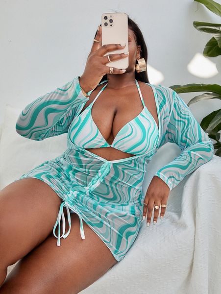 

3pack plus abstract wave print triangle bikini swimsuit & cover up b2yf#, Black