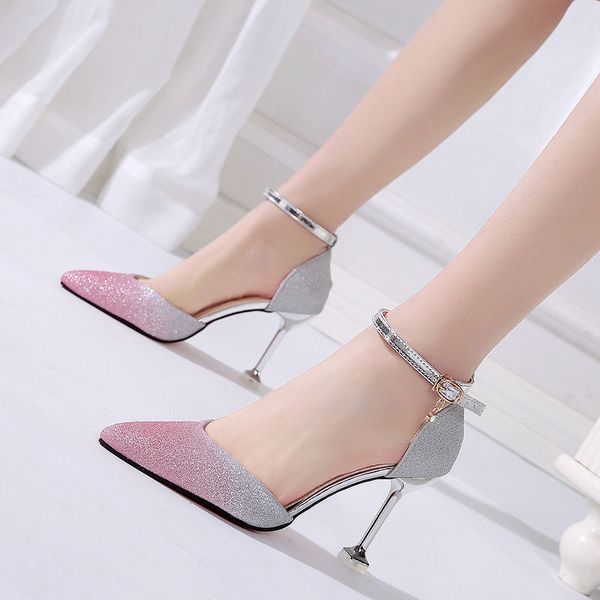 

2020 fashion high heels shining women pumps buckle thin heel party dress shoes gradient color black purple silver gold