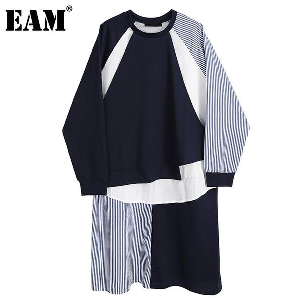 

eam] women dress blue striped spliced big size new round neck long sleeve loose fit fashion tide spring autumn 2021 1dd3147, Black;gray
