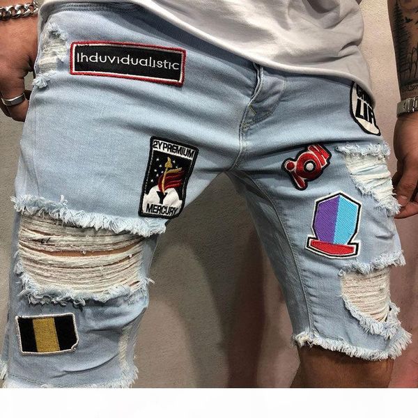 

mens stylist denim shorts fashion summer zipper hole short mens slim pants hip hop mens short jeans blue