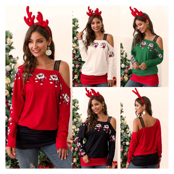 

womens spring and autumn casual long sleeve tunics cold shoulder blouses comfort cute santa claus printing t-shirts, White