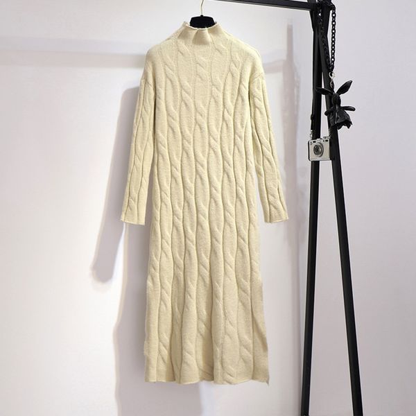 

new women's high neck thick wool knitting twist thickened medium length sweater in autumn and winter 2020 dress wool dress t6obd, White;black