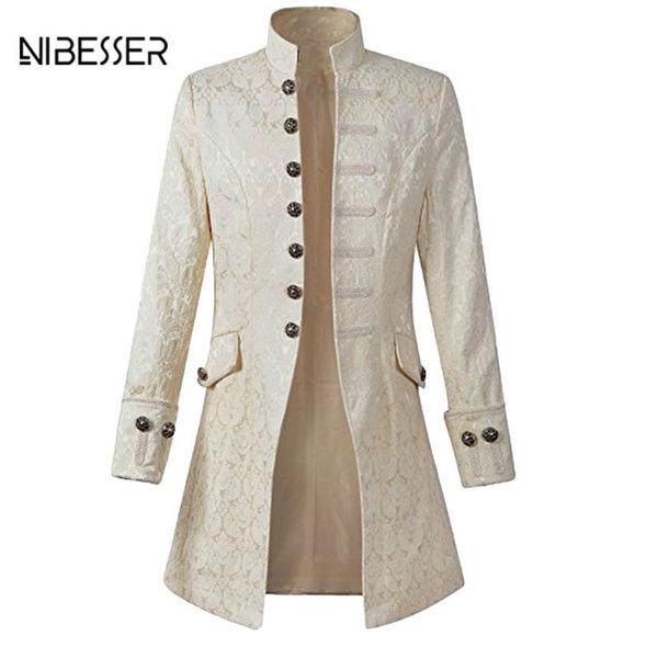 

nibesser vintage long sleeve men coat fashion plus size gothic brocade jacket frock coat velvet trim steampunk jacket, Tan;black