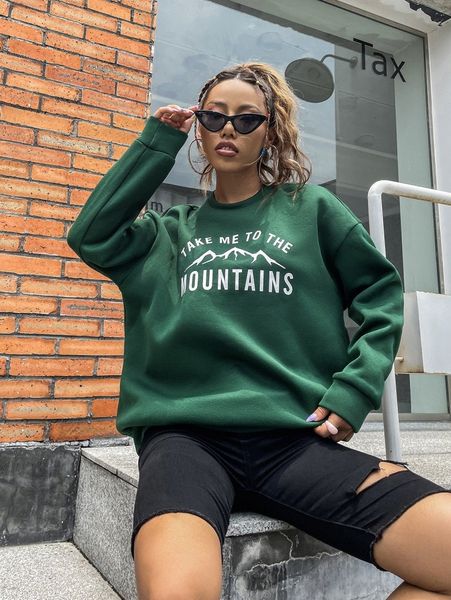 

mountain & slogan graphic drop shoulder pullover v7jk#, White;black