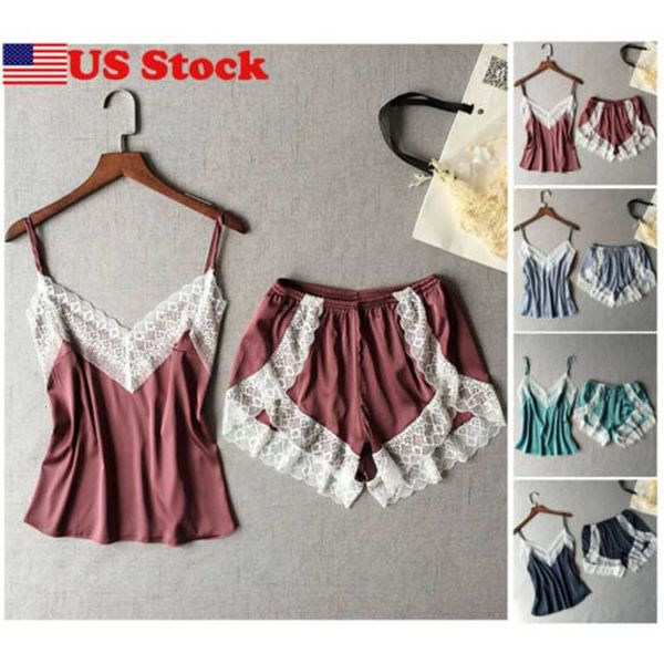 

2pcs women satin lace sleepwear babydoll lingerie nightdress pajamas set, Black;red