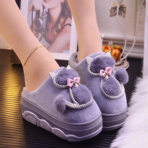 

slippers 2021 arrival girls ins cat female platform fur slides increase 5 cm rhinestone shoes woman house, Black
