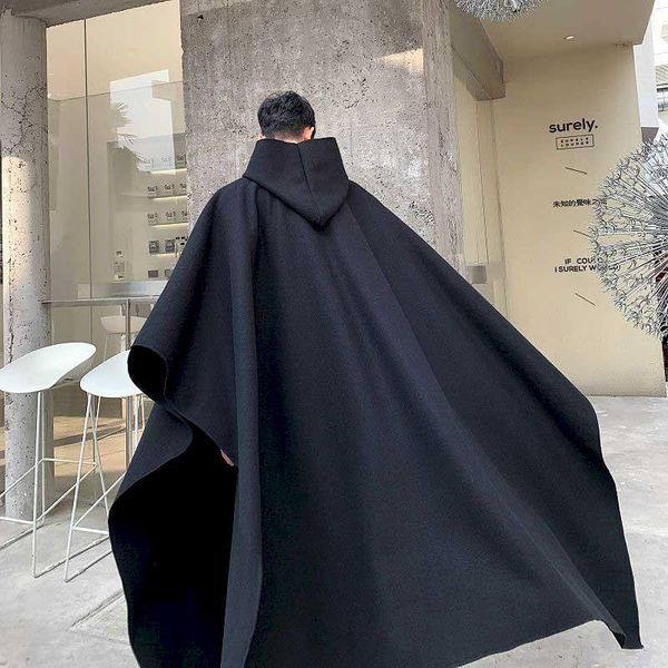 

autumn and winter super loose men's hooded windbreaker woolen coat new solid color yamamoto wind dark black personality mid-leng, Tan;black
