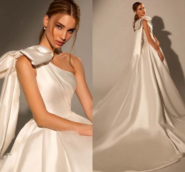 

elegant bow satin wedding dress 2022 new fashion one shoulder a-line train bride gown princess vestido de novia mariage, White