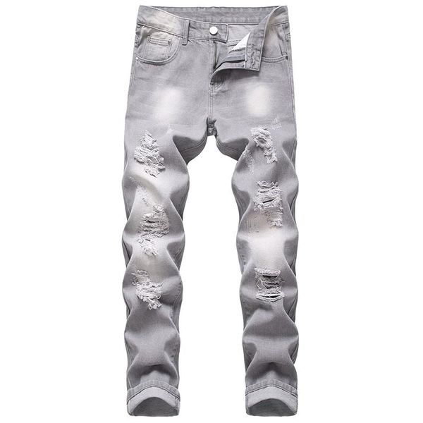 

men non-stretch trousers destroy brand high-quality ripped gray jeans denim ripped gray slim straight hole ruin plus size, Blue