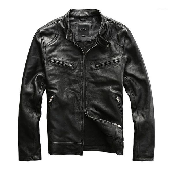 

zzd 1208 big size cow leather clothing mens genuine cowhide leather simple design slim jacket outerwear1, Black