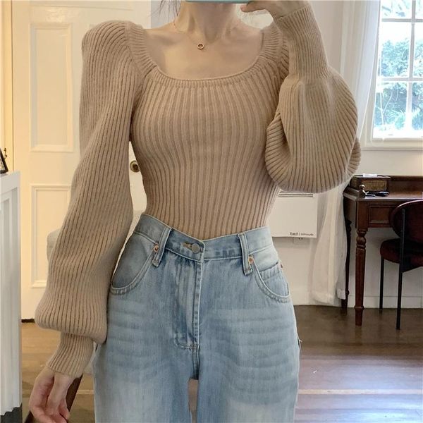 

2020 solid color square collar autumn winter slim fit pullovers lantern sleeve all-match knitted sweaters, White;black