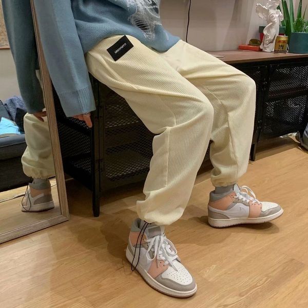 

2021 new autumn and winter new male of velvet loose trousers wild more thickening cargo overalls 6myg, Black