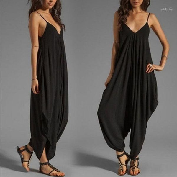 

women casual sleeveless deep v neck jumpsuit plus size summer spaghetti strap rompers1, Black;white