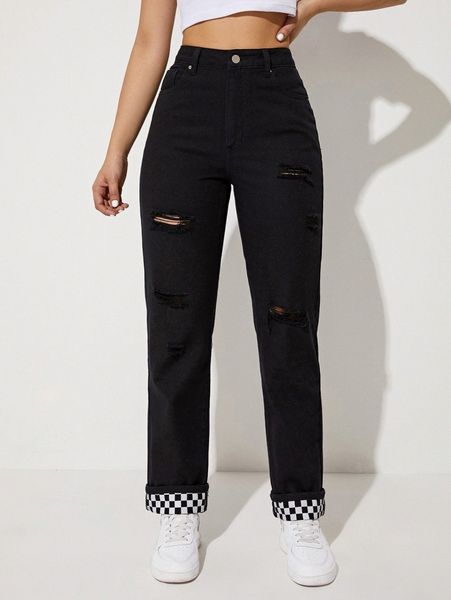 

contrast checker ripped straight leg pants 95lx#, Black;white