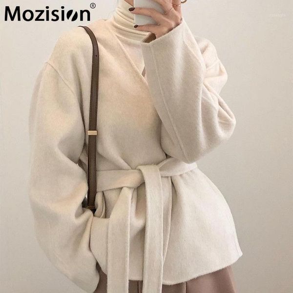 

mozision chic belted lace-up woolen coat women full sleeve thick blazers 2020 winter new casual loose warm outwear wool coat1, Black