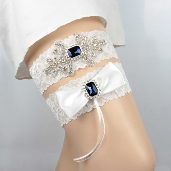 

2pcs set elegant wedding bridal stretch white garter belt with blue crystal rhinestone, Black;white