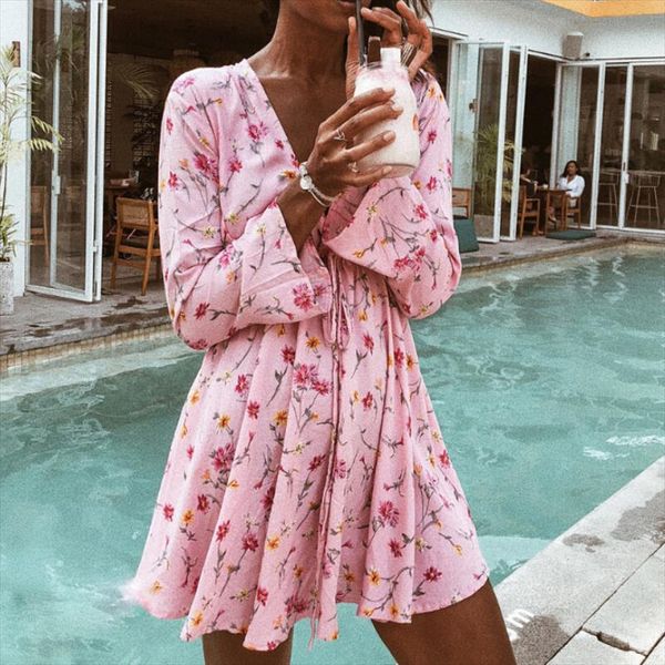 

2018 fashion summer v neck dress women floral print long sleeve dress party club short mini beach sundress, Black;gray