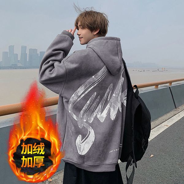 

2021 new privathinker men's hooded thicken winter new fleece sweatshirts pullover korean streetwear print warm hoodie 0585, Black