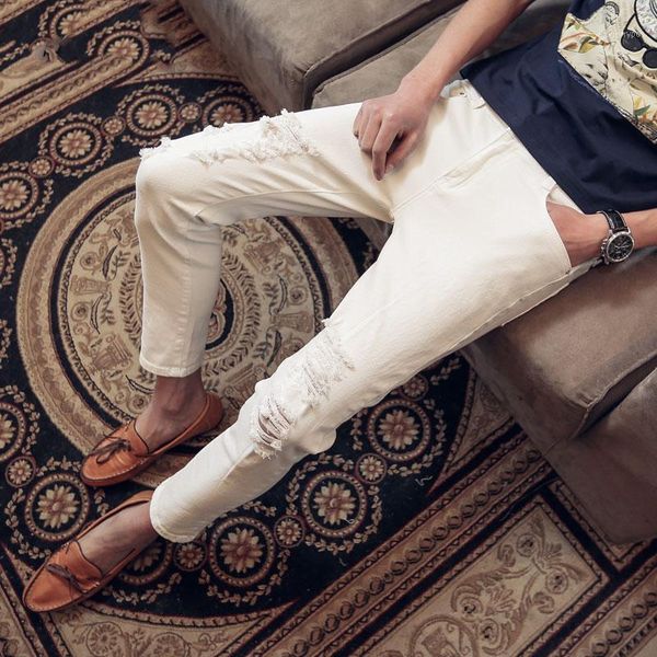 

fashion 2020 summer white cowboy ankle length pants men teenager washing slim fit distressed ripped hole jeans pencil pants1, Blue