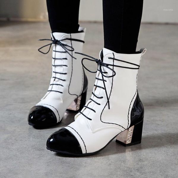 

boots pxelena women ankle 2021 autumn winter chunky block high heels combat lace up mixed color shoes plus size 431, Black