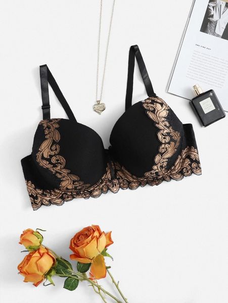 

plus contrast lace underwire bra m8de#, Black;white