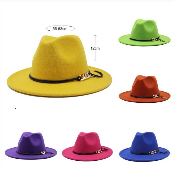 

fashion jazz hat winter woolen fedora hats men women autumn black yellow red wide brim belt hat solid color panama wholesale, Blue;gray