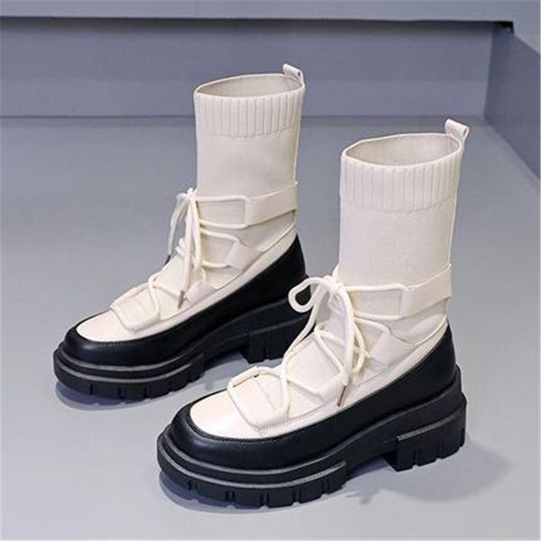 

new lace-up 2021 knitting half-elven women of the boots fashion high leaping woman bege black shoes hs67