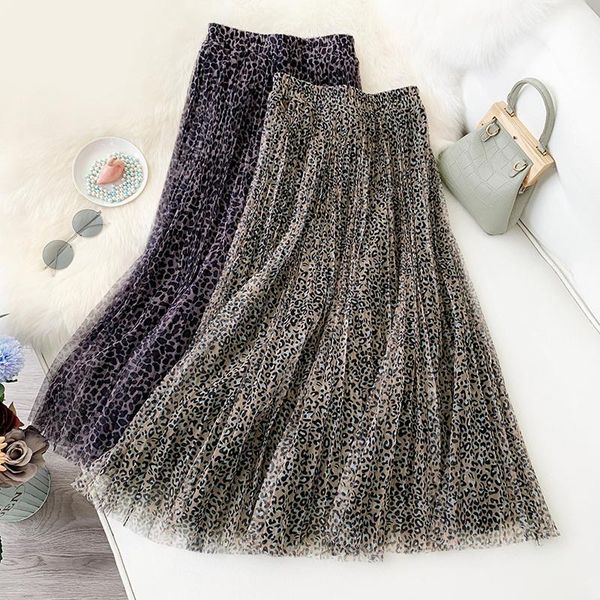

wasteheart purple khaki women skirts high waist ball gown feather leopard mid-calf skirt mesh clothing a-line long skirts, Black