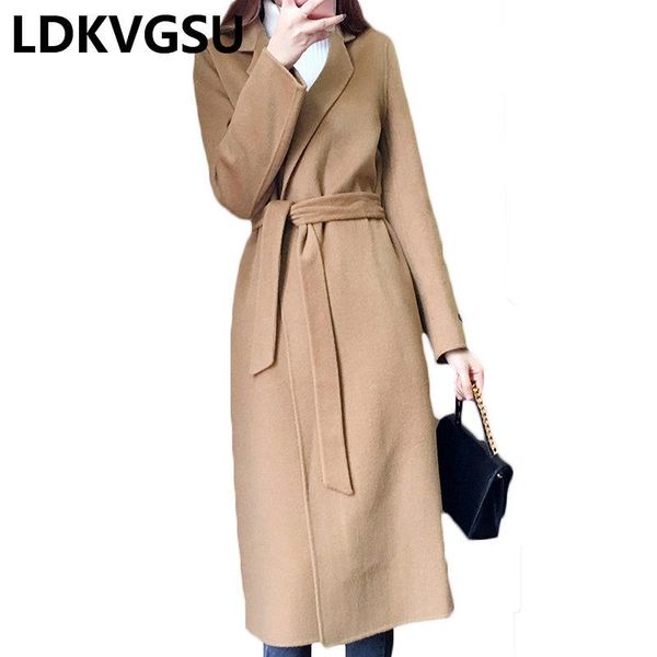 

women autumn winter 2020 new wool blend overcoat warm long coat with waistband slim fit solid woolen coats khaki black is1200