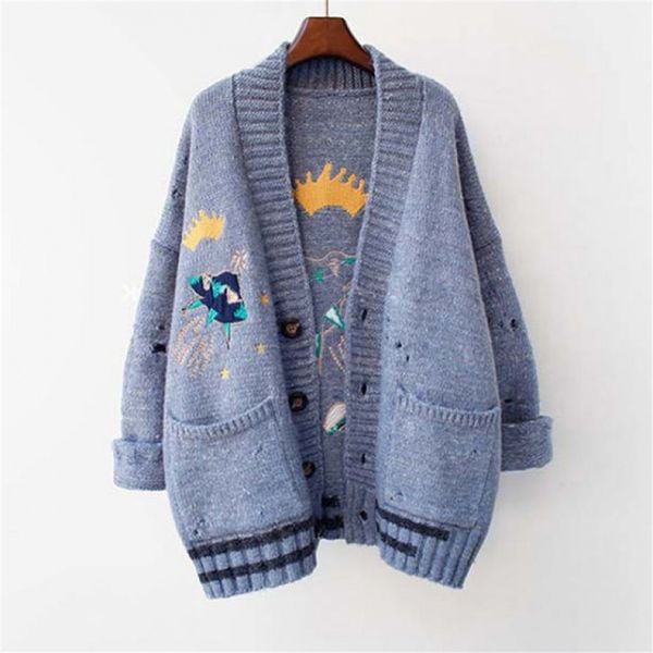 

2021 new runway autumn sweatshirt feminine cartoon embroidered cardigans poncho single breasted mesh sweater harajuku out yvzi, White;black