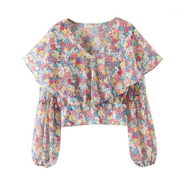 

stylish chiffon print ruffled crop women's v neck long sleeve short beach style blouse shirts female club blusas1, White